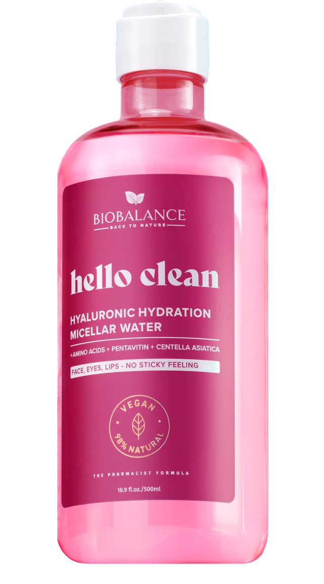 98% NATURAL ORIGIN HELLO CLEAN HYALURONIC HYDRATION MICELLAR WATER
